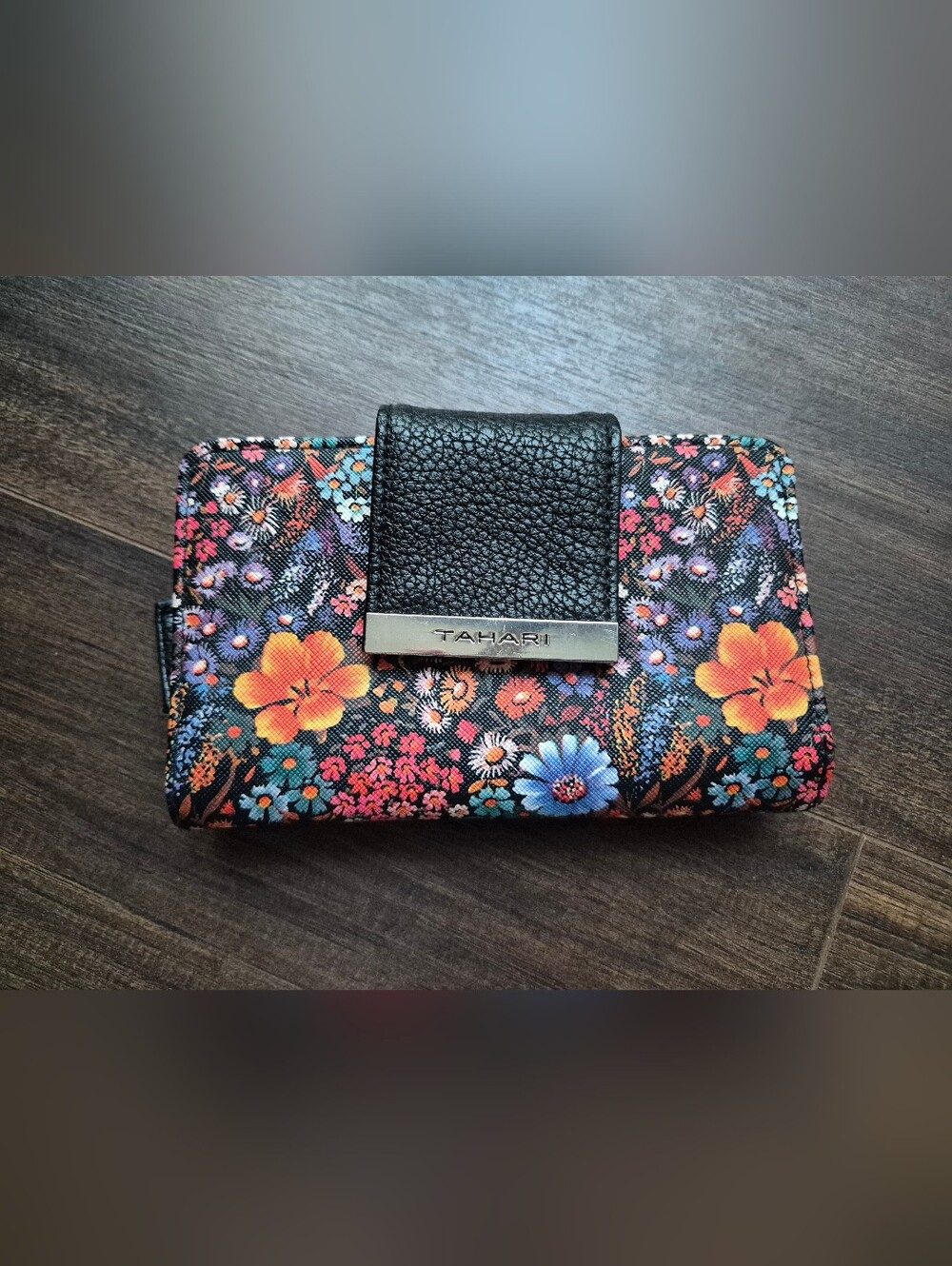 Tahari Black-Trim Floral Canvas Wallet with Multicolor Flowers